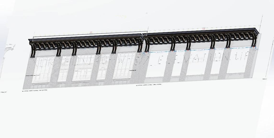 A façade documentation sheet: an elevation of the cornice run with its brackets, laid out as a drawing with a title block