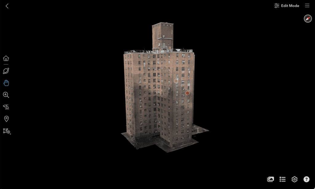 The 3D viewer showing a building model with the measurement and annotation toolbar, Edit Mode, and two annotation pins placed on the façade