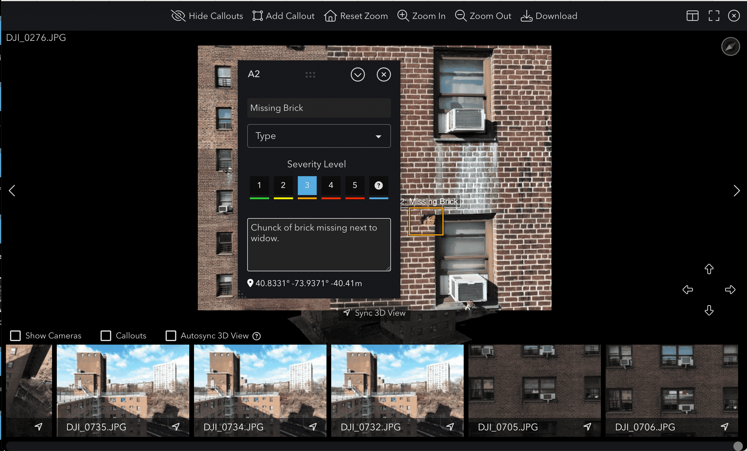 The viewer showing a single photograph of the brick façade with a callout panel open beside a marked area next to a window, and a filmstrip of neighbouring photographs below