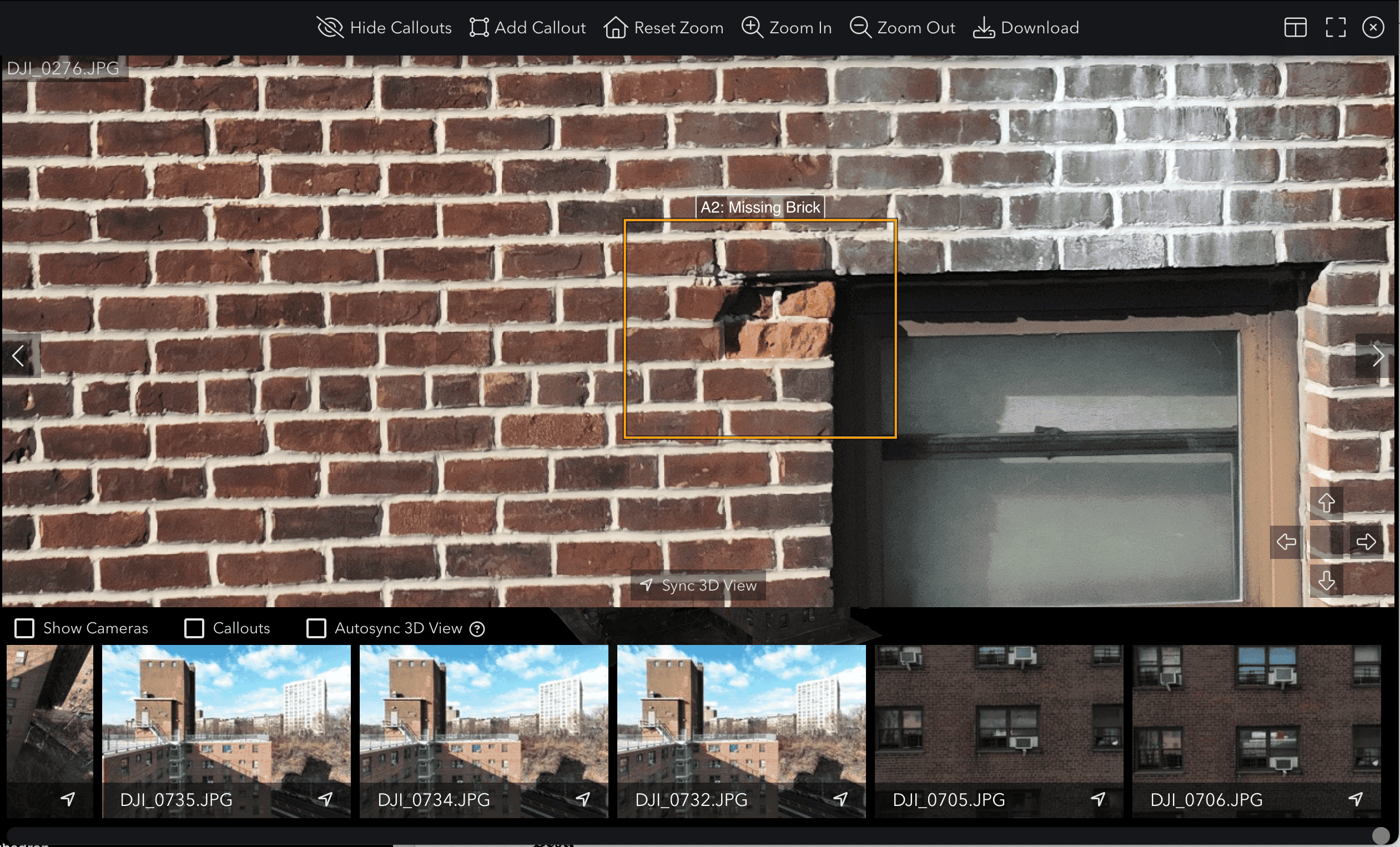 The same photograph at full resolution, showing the marked area of brickwork beside a window at close range