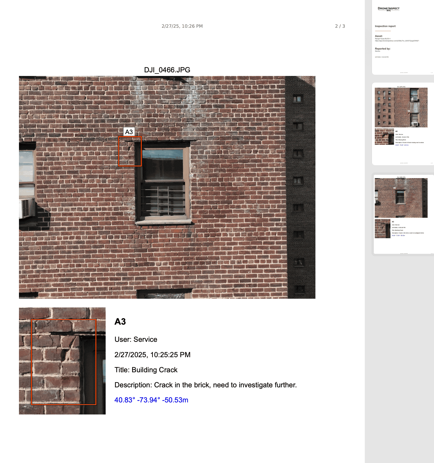 One page of the exported image condition report: the photograph with the callout outlined, a close-up crop, and the callout title, note, timestamp and coordinates beneath it