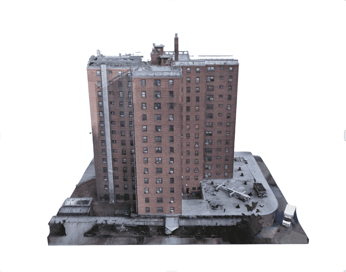 Photogrammetry model of a mid-rise brick residential building on a white background